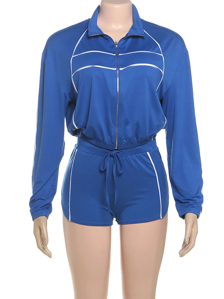 Fashion Casual Sporty 2 Piece Set Women Zipper Cardigan Polo-Neck Jacket+Drawstring Skinny Shorts Daily Slim Tracksuits