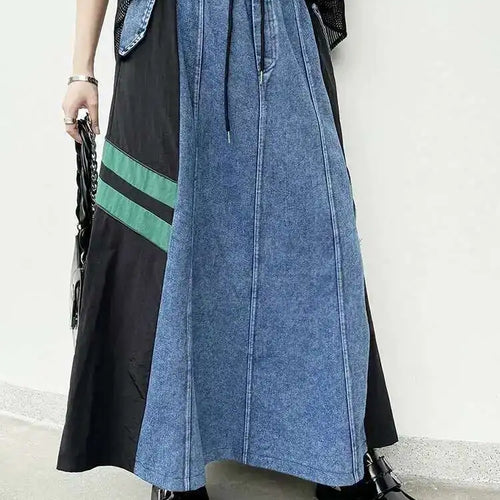 Load image into Gallery viewer, High Elastic Waist Apricot Striped Denim Color-block Half-body Skirt Women Fashion Tide New Spring Autumn 2025  1DH6462
