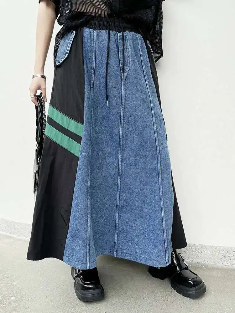 High Elastic Waist Apricot Striped Denim Color-block Half-body Skirt Women Fashion Tide New Spring Autumn 2025  1DH6462