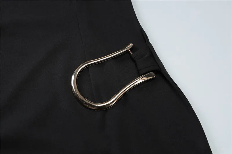 Short Sleeve Draped Sexy Mini Dress For Women Black Metal Buckle O Neck High Waist Bodycon Club Dress Vestido Clothes