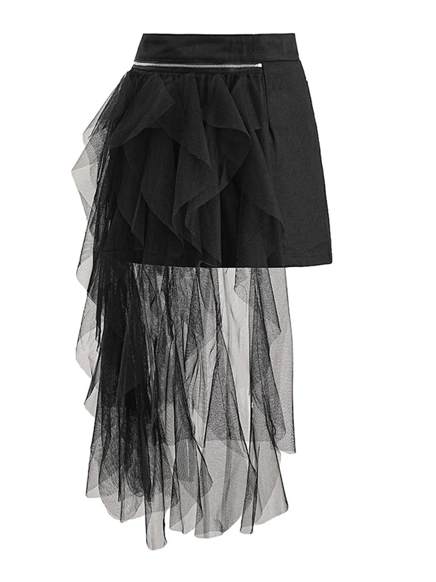 Solid Spliced Mesh Chic Skirts For Women High Waist Temperament Patchwork Zipper Slimming Skirt Female Fashion New