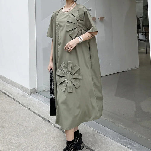 Load image into Gallery viewer, Women Green Flower Spliced Big Size Shirt Dress New Round Neck Short Sleeve Fashion Tide Spring Autumn 2025 1DH9678
