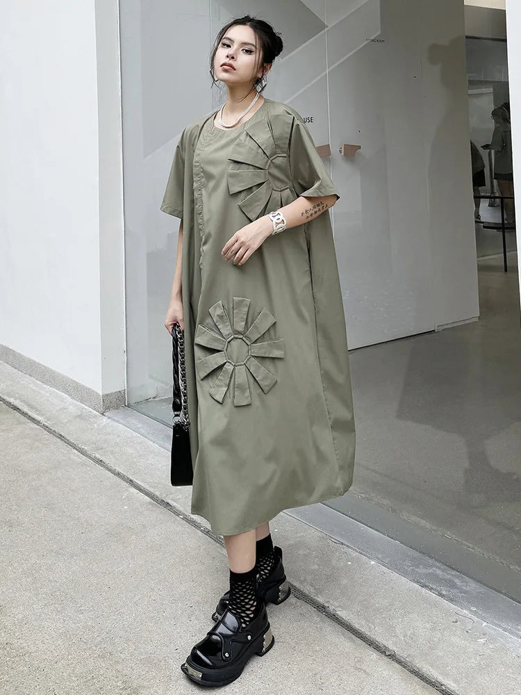 Women Green Flower Spliced Big Size Shirt Dress New Round Neck Short Sleeve Fashion Tide Spring Autumn 2025 1DH9678