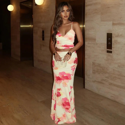 Load image into Gallery viewer, Print Sexy 2 Piece Sets Women Summer New V Neck Crop Tops And Maxi Skirt Female Elegant Club Party Slim Skirt Set
