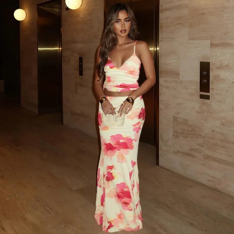 Print Sexy 2 Piece Sets Women Summer New V Neck Crop Tops And Maxi Skirt Female Elegant Club Party Slim Skirt Set