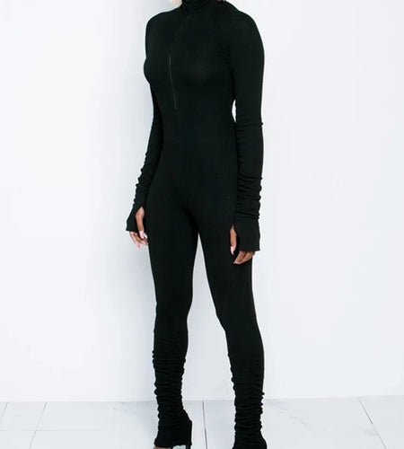 Turtleneck Zipper Skinny Jumpsuit Women Long Sleeve One Piece Neon Orange Bodysuit Female Running Fitness Outfits