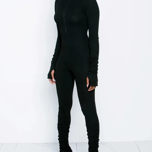 Load image into Gallery viewer, Turtleneck Zipper Skinny Jumpsuit Women Long Sleeve One Piece Neon Orange Bodysuit Female Running Fitness Outfits
