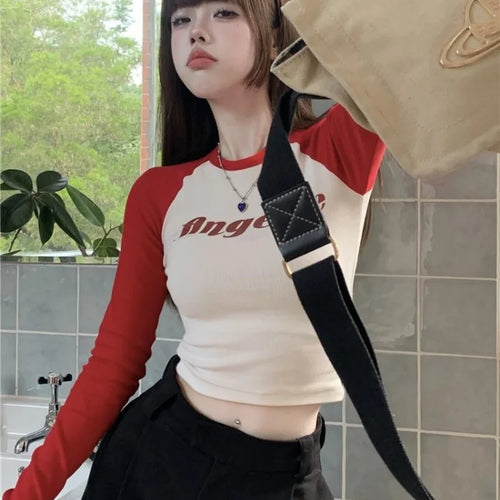 Load image into Gallery viewer, Korean Style Y2k Letter Print T-shirt Women Spring Long Sleeve Patchwork Fashion Retro Cropped Tops Hot Girl Skinny
