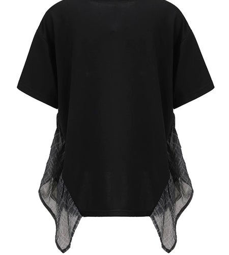 Women Black Irregular Spliced Big Size Casual T-shirt New Round Neck Short Sleeve Fashion Tide Spring Summer 2025 CPG1356