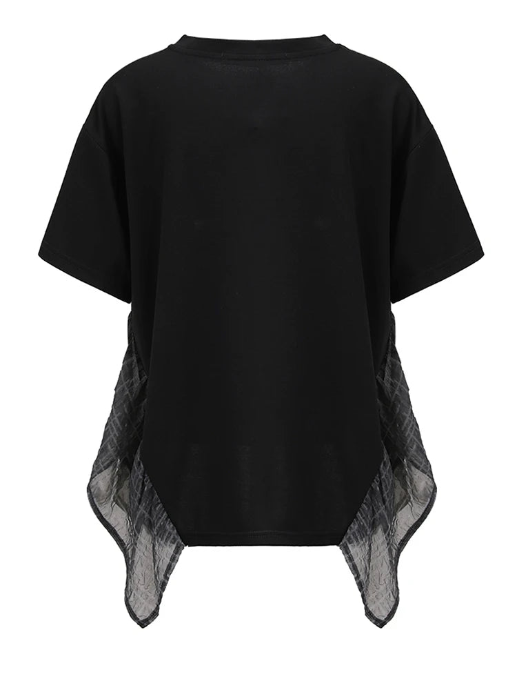 Women Black Irregular Spliced Big Size Casual T-shirt New Round Neck Short Sleeve Fashion Tide Spring Summer 2025 CPG1356