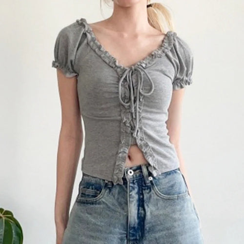 Load image into Gallery viewer, Women Y2k Aesthetic Ruffled Bandage T-shirt Summer Harajuku Fairy Vintage Slim Fit Tees Grunge Cropped Pleated Tops Streetwear
