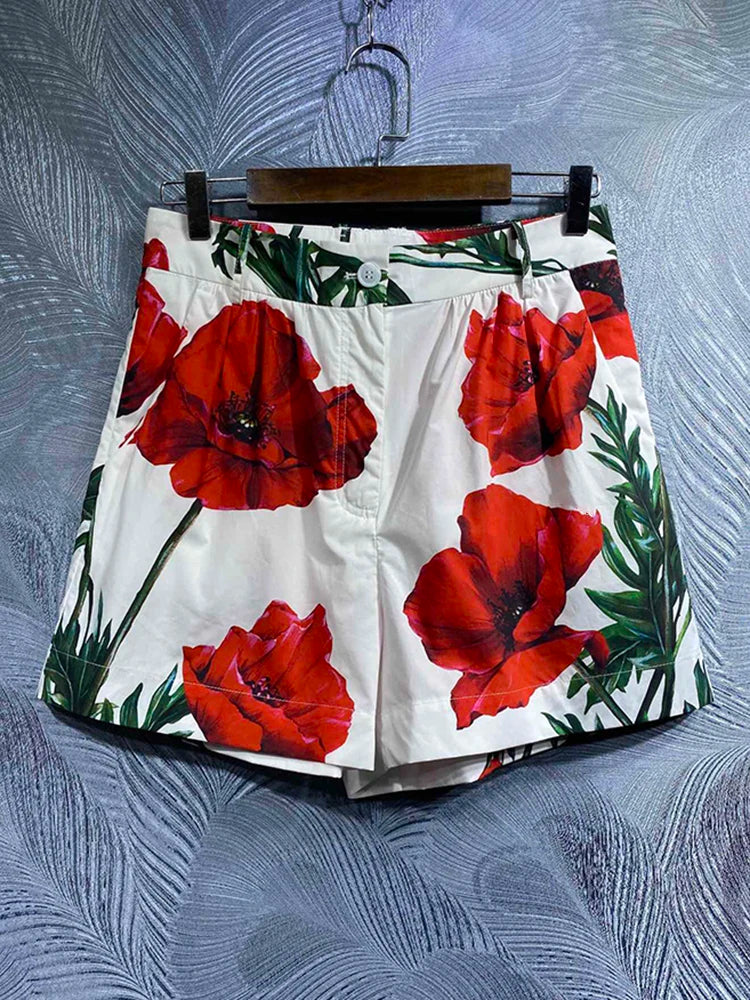 Print Two Piece Sets For Women Square Collar Sleeveless Short Tank Top High Waist Short Pants Casual Set Female Fashion 2023