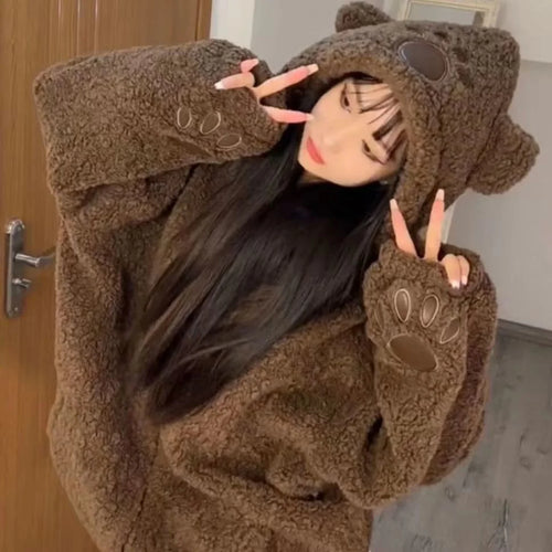 Load image into Gallery viewer, Japanese Style Autumn Winter Women Sweet Lamb Wool Jacket Kawaii Soft Bear Ears Hooded Coats Kawaii Tops Y2k Girls Cute Outwear
