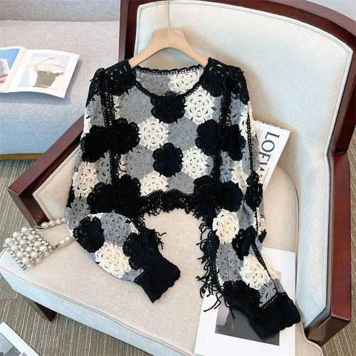 Load image into Gallery viewer, French Vintage 2024 New Women's Patchwork Tassel Hollow Out Long Sleeved Crochet Sweater Autumn Round Neck Elegant Knitted Tops
