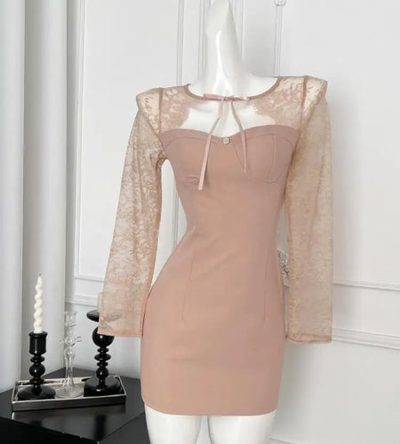 Vintage French Sweet Pink Patchwork Lace Hollow Out Short Dress Women Autumn Round Neck Elegant Long Sleeve Slim Bow Party Dress