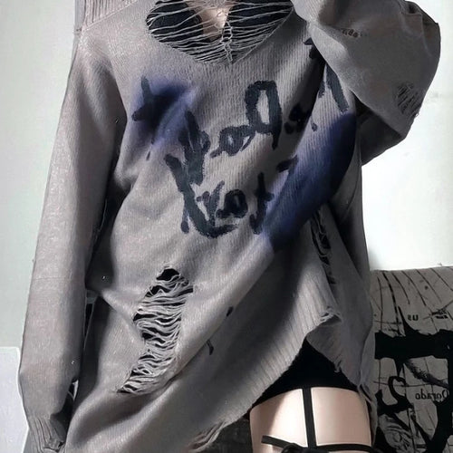Load image into Gallery viewer, Y2k Aesthetic Slash Neck Spring Women Sweaters Holes Loose Punk Grunge Knitted Sexy Pullovers Long Sleeve Hollow Out Pull Femme
