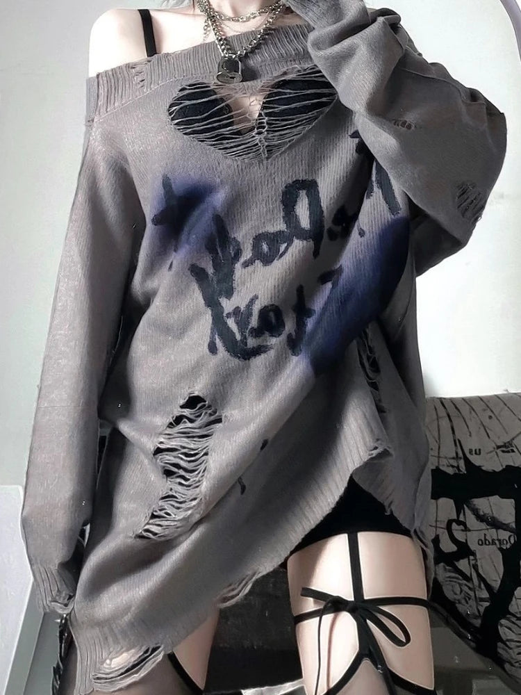 Y2k Aesthetic Slash Neck Spring Women Sweaters Holes Loose Punk Grunge Knitted Sexy Pullovers Long Sleeve Hollow Out Pull Femme