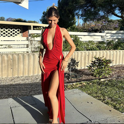 Load image into Gallery viewer, Halter Deep V Neck Sexy Maxi Dress For Women Gown Fashion Solid Sleeveless Backless Draped Ruched Bodycon Long Dress
