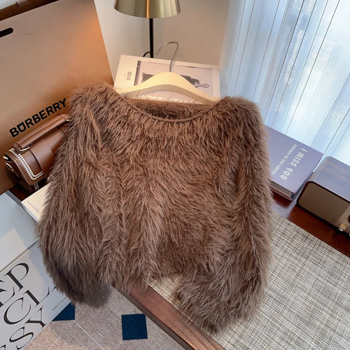 Load image into Gallery viewer, Autumn Winter Solid Knitting Mink Crop Top Women Long Sleeve Round Neck Pullover Casual Crochet Sweater French Fashion Thick New
