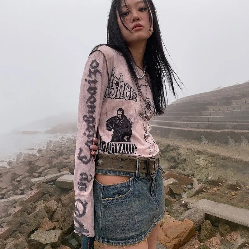 Y2k Aesthetics T-shirt Grunge Fairycore Harajuku Tshirt Japanese Cartoon Print Tee Shirts Korean Fashion Tops E-girl 00s