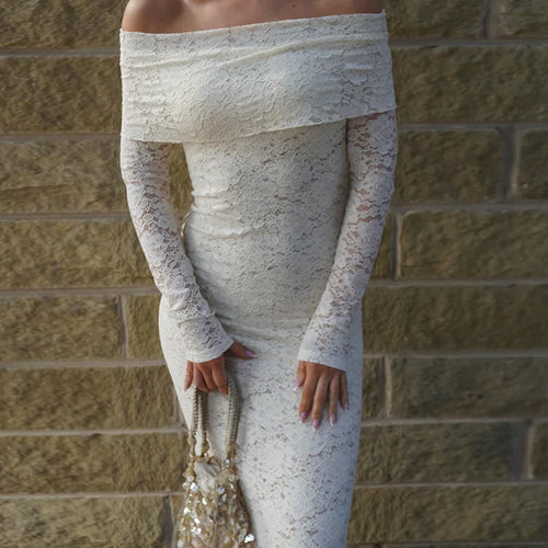 Load image into Gallery viewer, Lace Off-shoulder Sexy Maxi Dress For Women White Strapless Long Sleeve Backless Bodycon Club Party Sexy Long Dress
