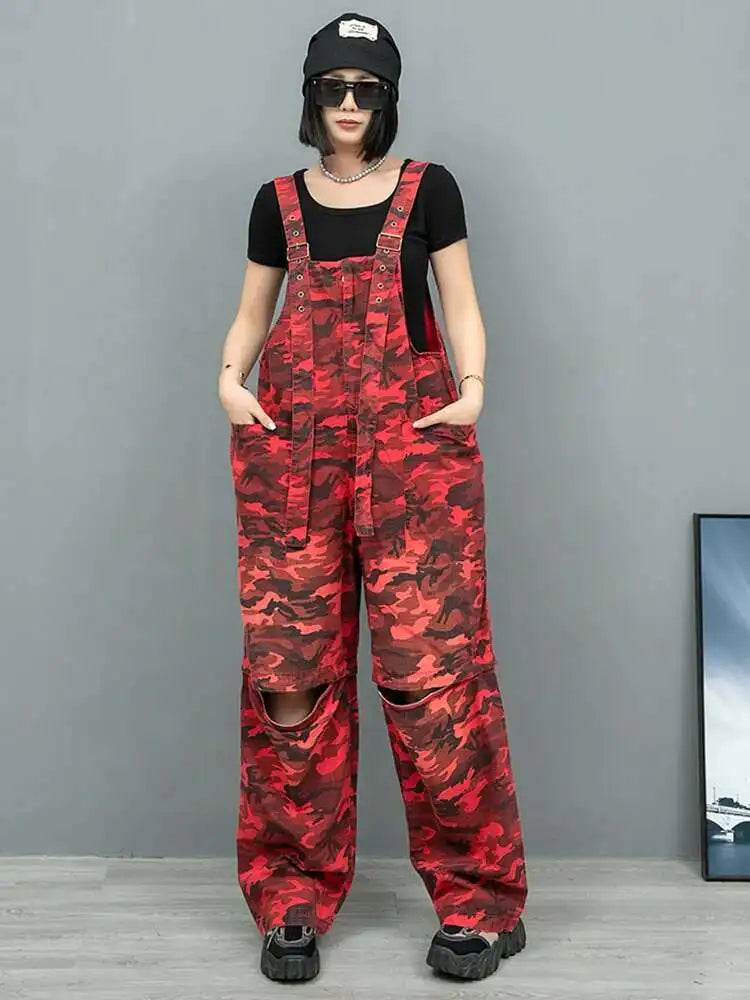 High Waist Red Camouflage Big Size Long Overalls Wide Leg Jeans New Women Trousers Fashion Tide Spring Autumn 2025 1DH9905