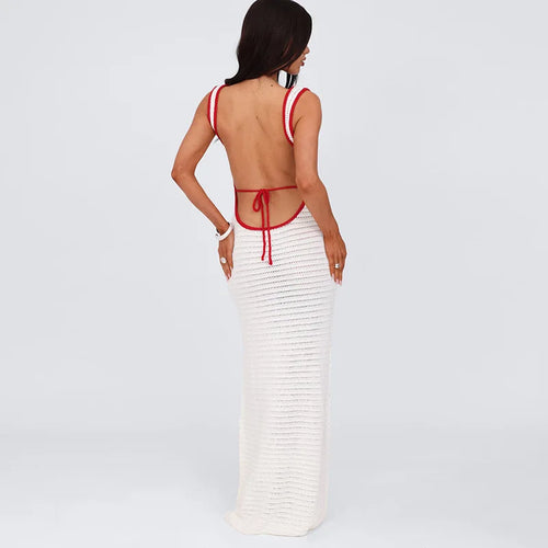 Load image into Gallery viewer, Hollow Out Backless Knit Maxi Dress For Women White Spaghetti Strap Sleeveless Bodycon Club Party Sexy Knitted Dress
