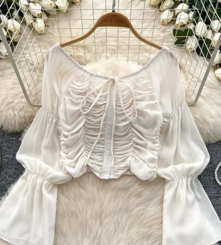 French 2024 Autumn New Black Beige Slim Festival Blouse Women Green Flared Long Sleeved Pleated Lace-up Short Shirt Versatile