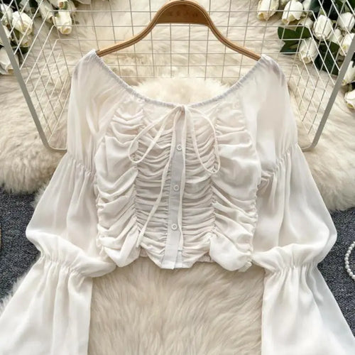 Load image into Gallery viewer, French 2024 Autumn New Black Beige Slim Festival Blouse Women Green Flared Long Sleeved Pleated Lace-up Short Shirt Versatile
