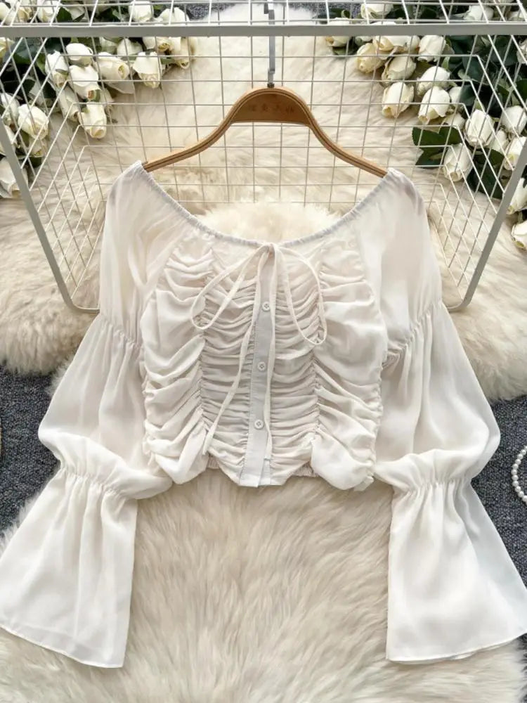 French 2024 Autumn New Black Beige Slim Festival Blouse Women Green Flared Long Sleeved Pleated Lace-up Short Shirt Versatile