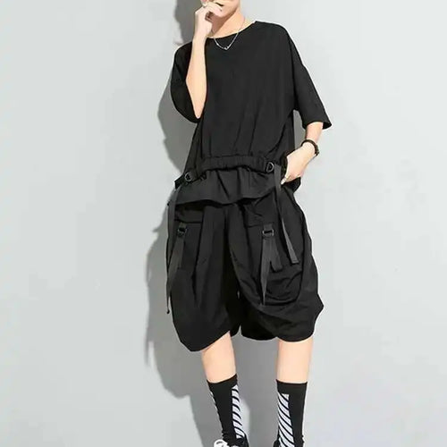 Load image into Gallery viewer, Women Black Irregular Ribbon Big Size T-shirt New Round Neck Half Sleeve  Fashion Tide  Spring Summer 2025 1DD5759
