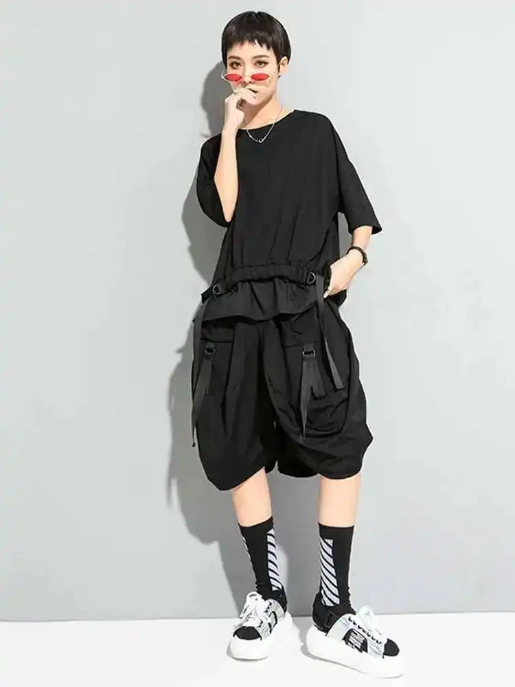 Women Black Irregular Ribbon Big Size T-shirt New Round Neck Half Sleeve  Fashion Tide  Spring Summer 2025 1DD5759