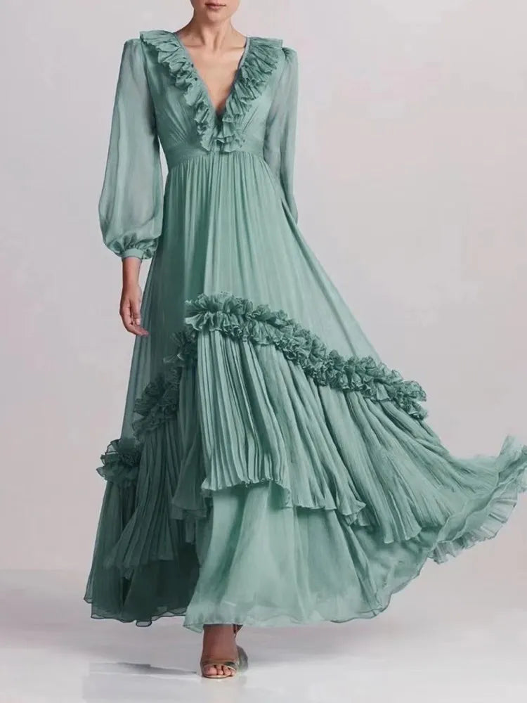Solid Spliced Ruffles Elegant Dresses For Women V Neck Lantern Sleeve High Waist Patchwork Mesh Vintage Dress Female Style