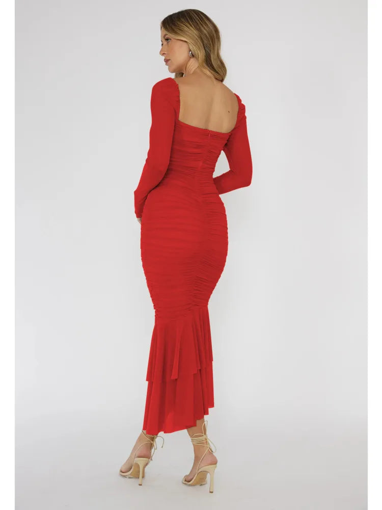 Fashion Mesh Patchwork Long Sleeved Dress Women's Double Fold Bandage Slim Fit Vesidos Elegant Party Evening Dress 2024