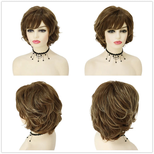 Load image into Gallery viewer, Short Curly Wig with Bangs Synthetic Hair Mommy Wigs Brown Color Natural Hairstyles Layered Mix Brown Wigs for Women Daily Wear
