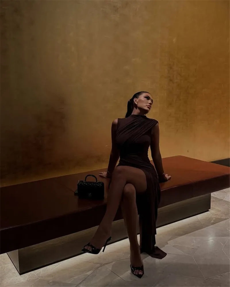 Irregular Draped Ruched Sexy Mini Dress For Women Elegant Turtleneck Sleeveless High Waist Pleated Club Party Dress