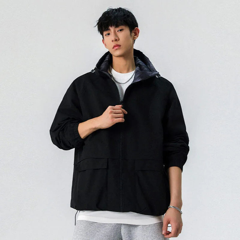 American Style Male Jackets Spring New Hooded Drawstring Reversible Jacket Solid Color Men's Coats Streetwear Spring 9W1240