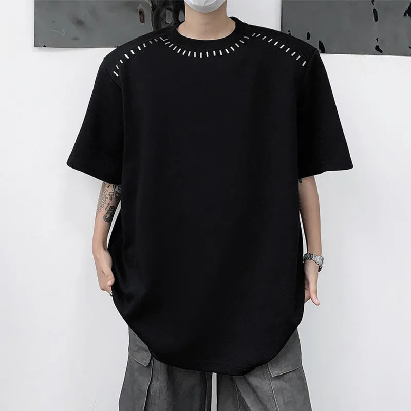 Summer Niche Design Men's Loose T-shirts Sequined Round Neck Short Sleeve Shoulder Pad Male Tees Chic 9C6293