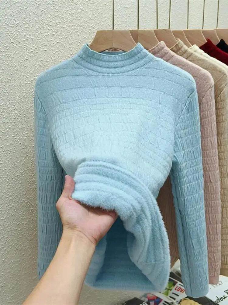 Autumn Winter Korean Fashion Solid Half Height Collar Velvet Knit Sweater Women Warm Long Sleeve Pullovers Tops Casual Popular