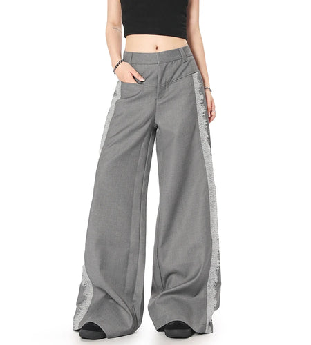 Men's Suit Pants Spliced Lace Edge Design Solid Color Simple Trendy Straight Wide Leg Stylish Male Summer Clothing 9W1961