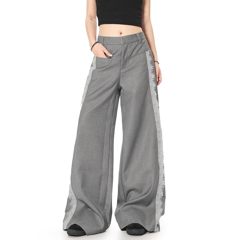 Men's Suit Pants Spliced Lace Edge Design Solid Color Simple Trendy Straight Wide Leg Stylish Male Summer Clothing 9W1961