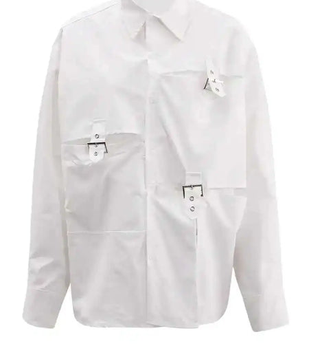 Women White Buckle Pocket Big Size Casual Blouse New Lapel Long Sleeve Shirt Fashion Tide Spring Autumn 2025 CPG1715