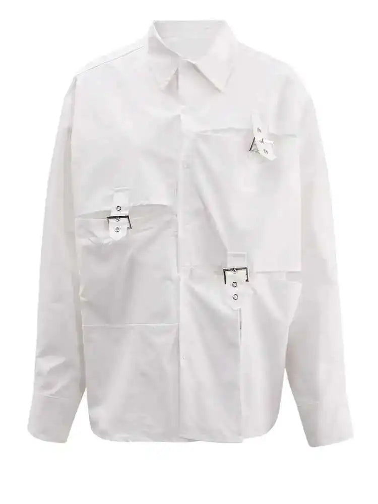 Women White Buckle Pocket Big Size Casual Blouse New Lapel Long Sleeve Shirt Fashion Tide Spring Autumn 2025 CPG1715