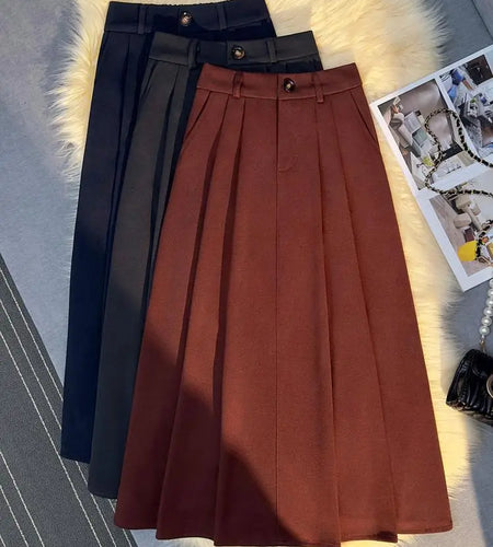 Vintage Black Red Elegant High Waist Woolen Long Skirt Women 2024 Autumn Winter Grey Vacation Party A Line Pleated Skirt Popular