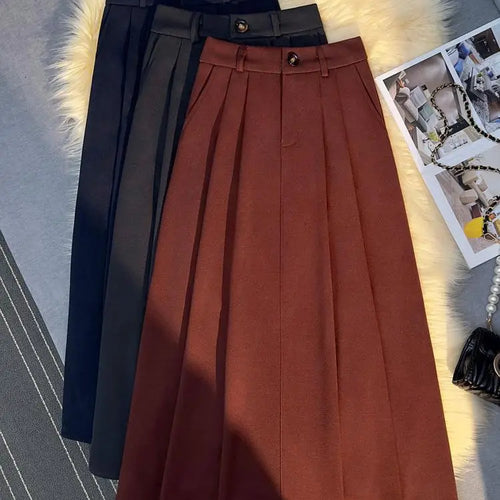 Load image into Gallery viewer, Vintage Black Red Elegant High Waist Woolen Long Skirt Women 2024 Autumn Winter Grey Vacation Party A Line Pleated Skirt Popular
