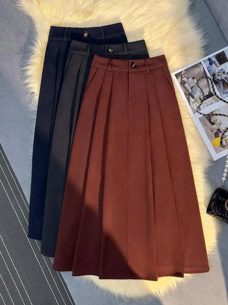 Vintage Black Red Elegant High Waist Woolen Long Skirt Women 2024 Autumn Winter Grey Vacation Party A Line Pleated Skirt Popular