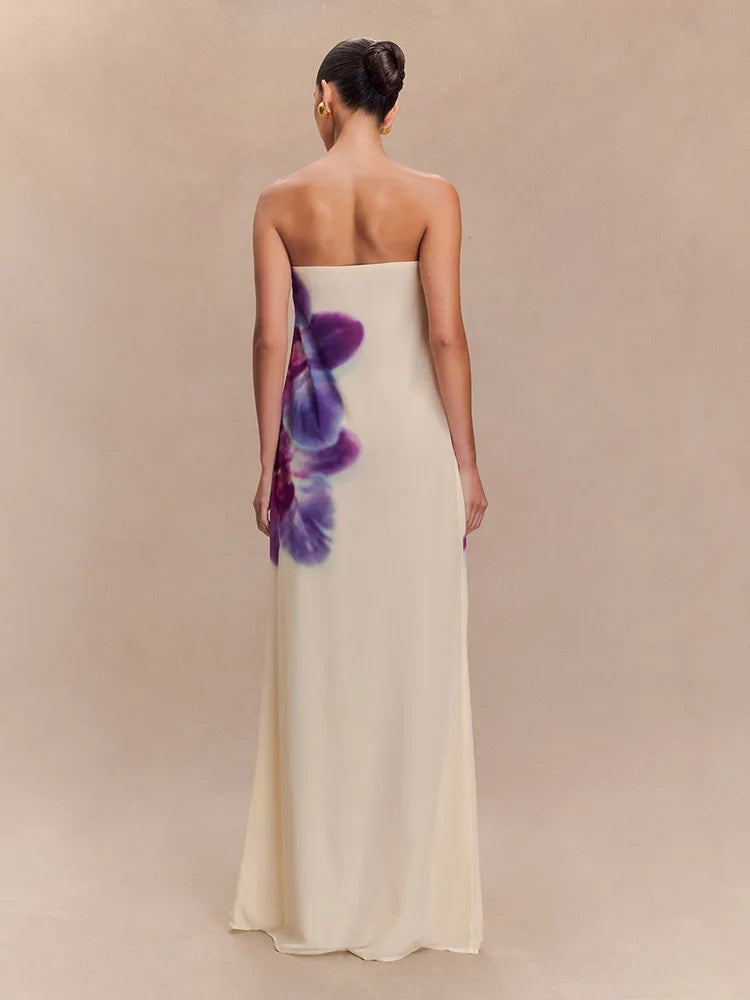 Floral Print Strapless Sexy Maxi Dress For Women Gown Off-shoulder Backless Sleeveless Elegant Long Dress Fashion