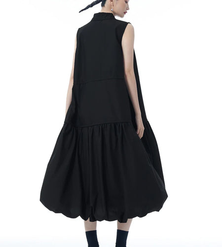 Women Black Brief Pleated Big Size Midi Bud Shirt Dress New Lapel Sleeveless Fashion Tide Spring Autumn 2025 1DJ0955