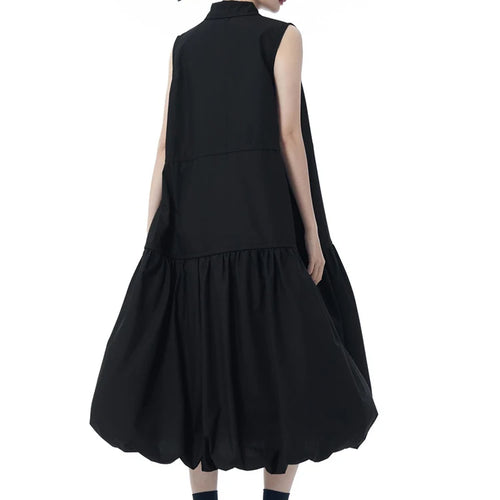 Load image into Gallery viewer, Women Black Brief Pleated Big Size Midi Bud Shirt Dress New Lapel Sleeveless Fashion Tide Spring Autumn 2025 1DJ0955
