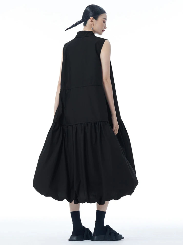 Women Black Brief Pleated Big Size Midi Bud Shirt Dress New Lapel Sleeveless Fashion Tide Spring Autumn 2025 1DJ0955